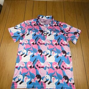 Pins & Aces Golf Polo Shirt Flamingos Pink‎ Blue Mens Large Athletic Fit